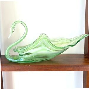Vintage Green Swirl Art Glass Swan Bowl Hand Blown Centerpiece 12 Inch